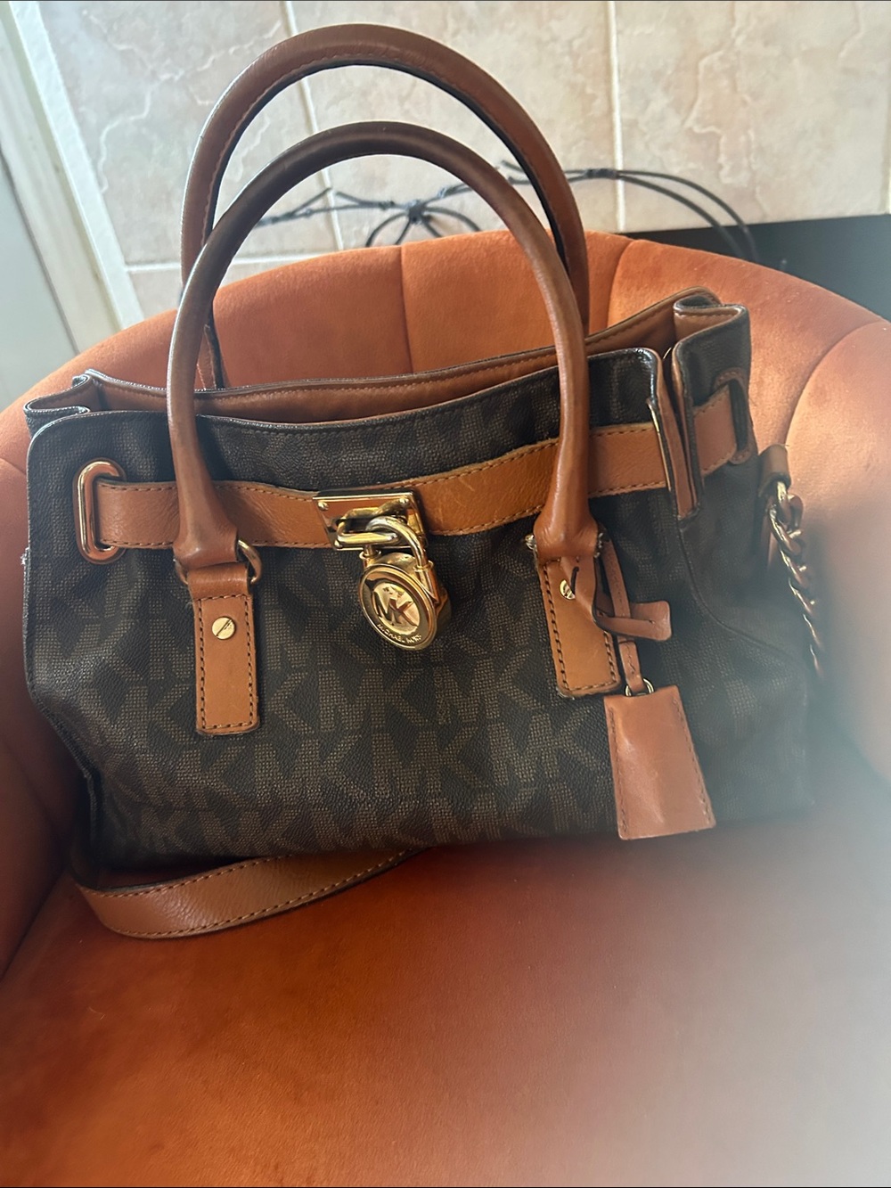 Michael Kors Brown Monogram Satchel with Tan Trim